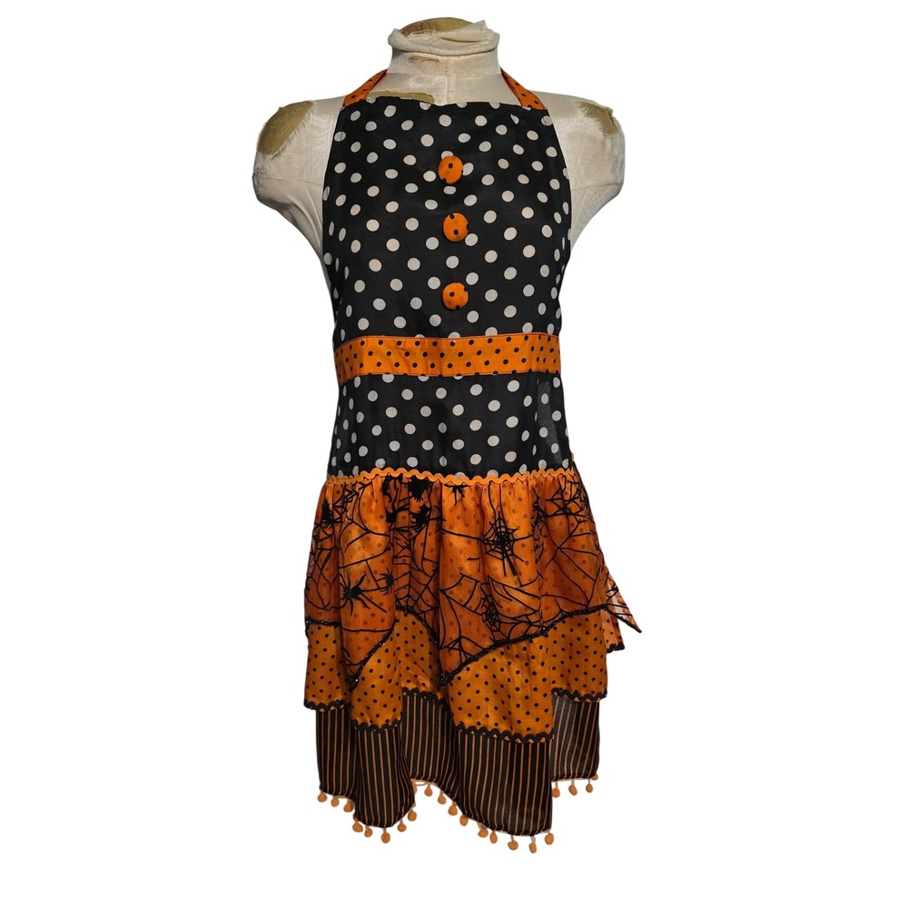 Pier 1 Halloween Polka Dot Spider Web Ruffle Apron Orange Black Pom Pom Trim